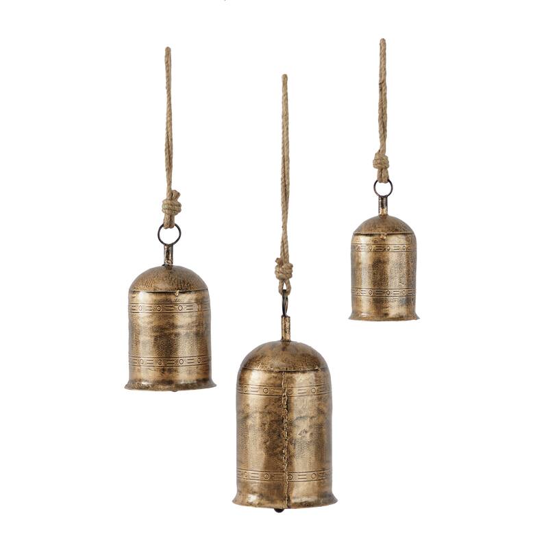 Gold, Gray, Bronze, Black or Red Metal Tibetan Inspired Decorative Cow Bells with Jute Hanging Rope (Set of 3)