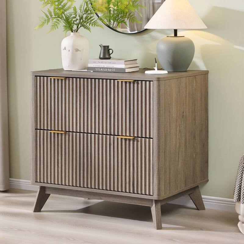 Modern Fluted 2 Drawer Lateral File Cabinet, Office Storage Cabinet - Alder Grey