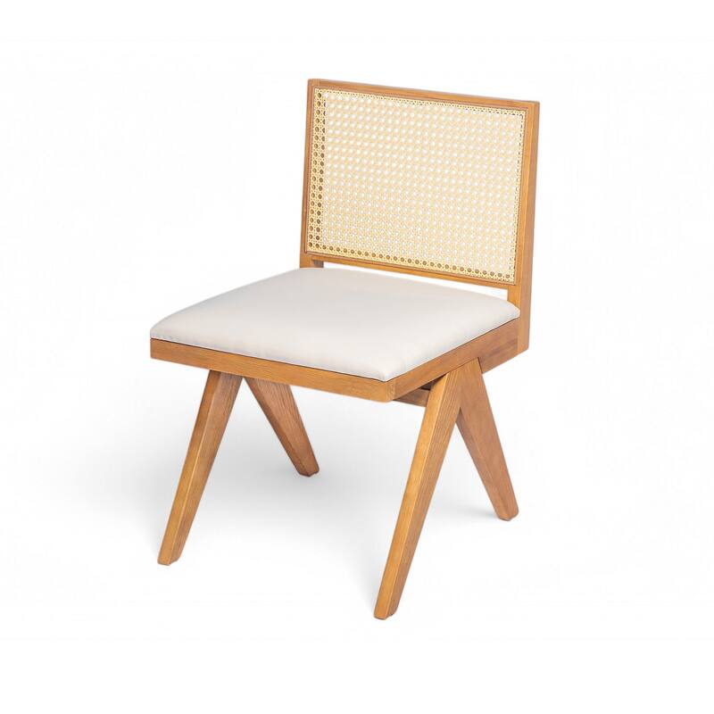 Dining Chairs Set of 2, Ergonomic Upholstered Kitchen Side Chairs, Accent Chairs with Rattan Backrest & Solid Wood Legs