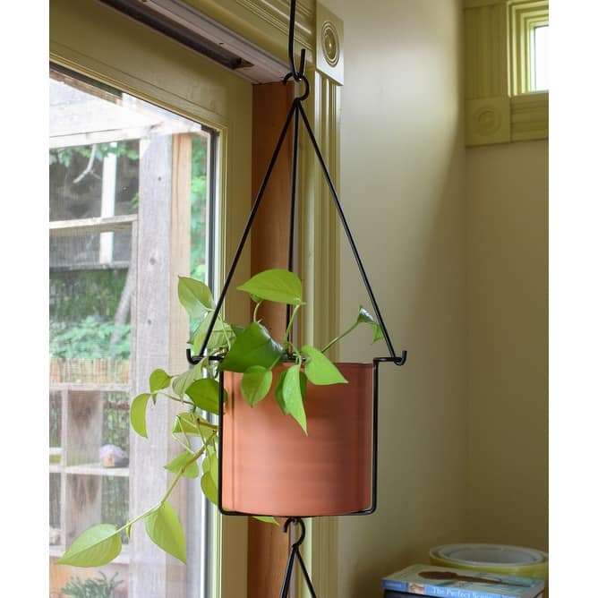 Achla Designs 22.5"H Black Wrought Iron Indoor Outdoor Vera Hanging Planter w/Cylindrical Burnt Sienna Galvanized Steel Pot
