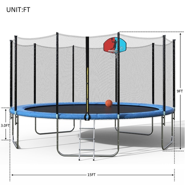 15 FT Round Trampoline with Safety Enclosure Basketball Hoop and
