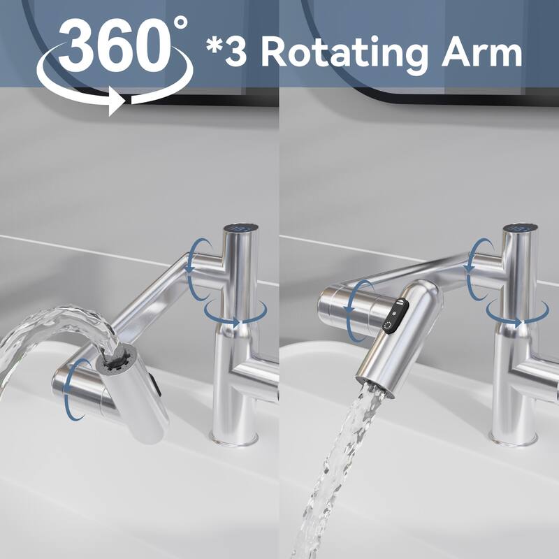 Chrome Bathroom Sink Faucet with Spray Function and Temperature Display for Anti-Skid Switch and Hot & Cold and 360° Rotary