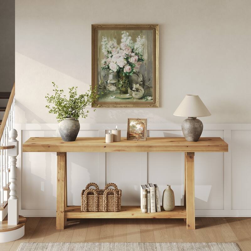 70.87-Inch Solid Wood Console Table with Shelves for Entryway