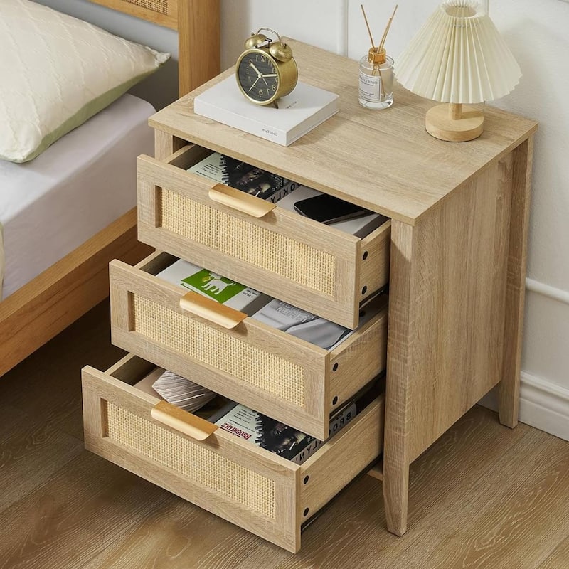 Rattan End Table, Nightstands with 3 Natural Drawers
