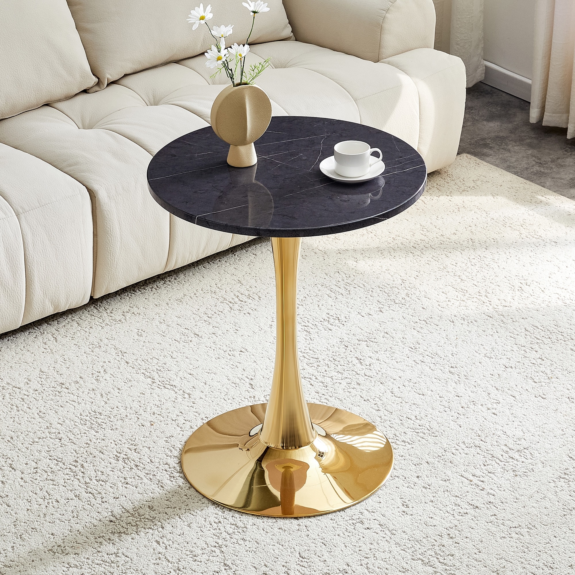 Round Thickened Table Top Coffee Table, Metal Pedestal Side Table Modern Bistro Table