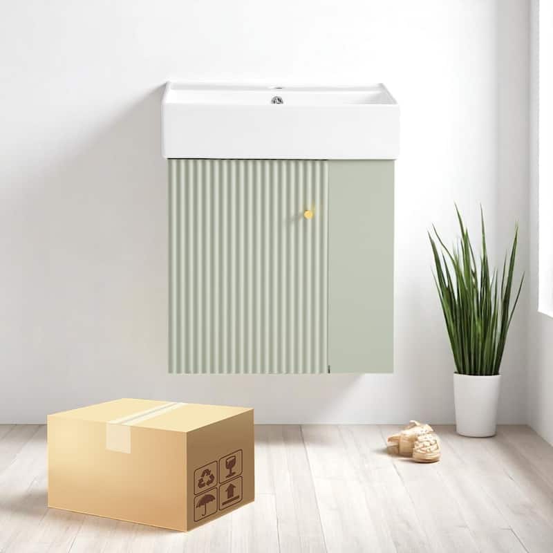 21.6" Modern Floating Bathroom Vanity with Ceramic Sink, Wave-Pattern Door, Rose Gold Handle, Side Storage