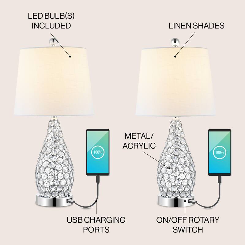 Hank 22.25" Midcentury Modern Iron LED Table Lamp with USB Charging Port, Clear (Set of 2) by JONATHAN Y
