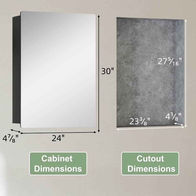 Mira Rectangular Frameless Medicine Cabinet with Mirror, Sliding Adjustable Glass Shelves, Reversible Door