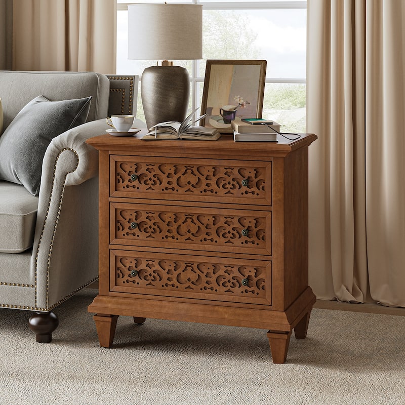 Vittorio Transitional 3 - Drawer End Table with Built-In Outlets by HULALA HOME - Walnut