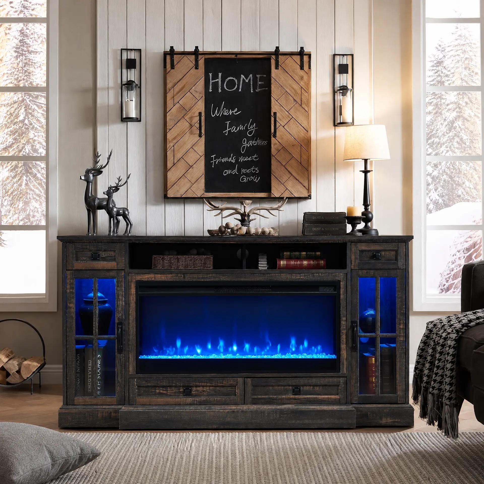 70" Wood Fireplace Entertainment Center for 80 Inch TV, w/ LED Light
