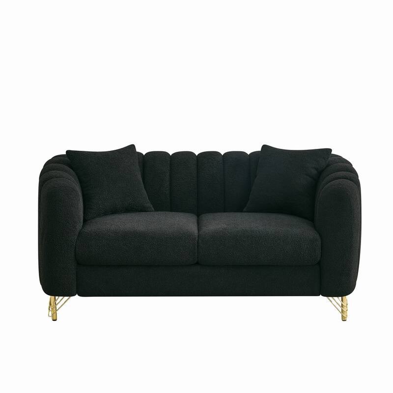 Roomfitters 63" Modern Teddy Fabric Loveseat with Gold Legs, Channel Stitched 2-Seater Sofa for Small Spaces