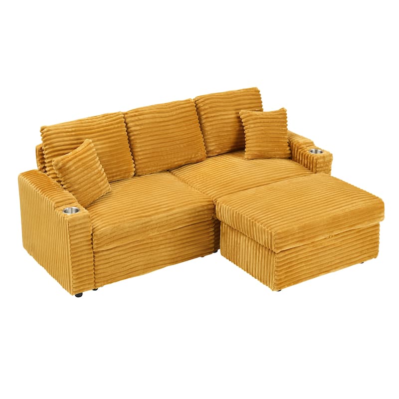 Multi-Function Corduroy Sectional Sofa Hidden Reclining Couch with Storage Ottoman Chaise Lounge, Pillows and Cup Holders
