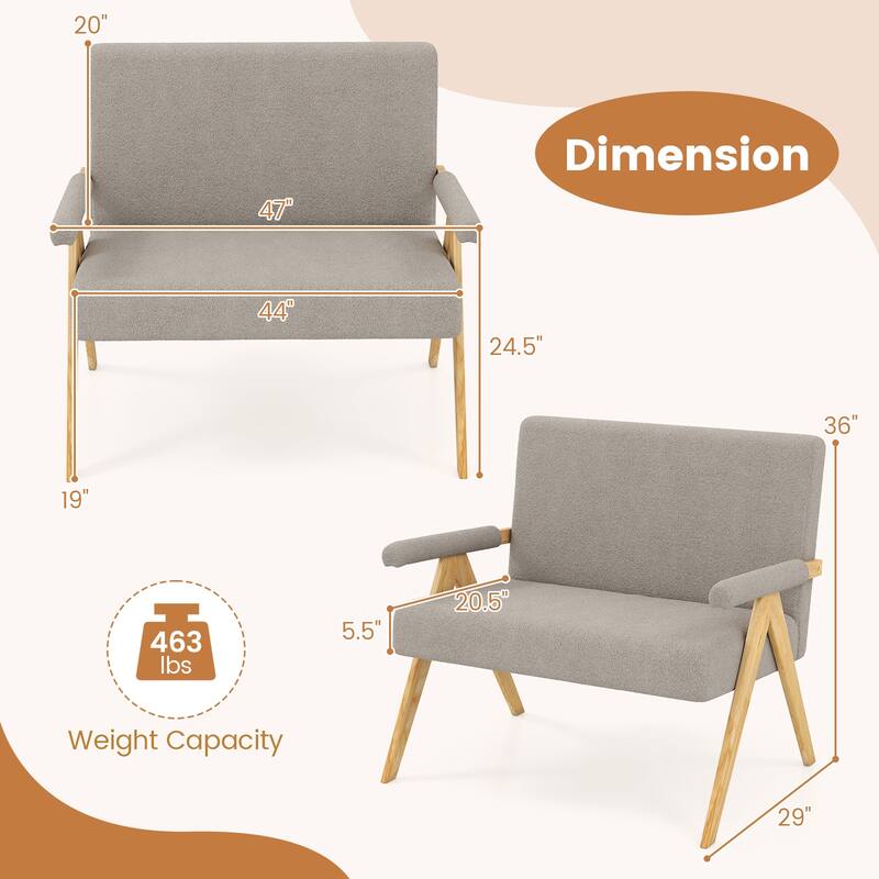 Sherpa Fabric Rubber Wood Loveseat Sofa with Cushions and Ergonomic Design - 47" x 29" x 36"
