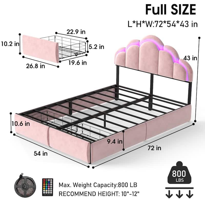 Velvet Upholstered Platform Bed with RGB LED Petal Headboard, Under Bed Storage Drawers Princess Bed Frame