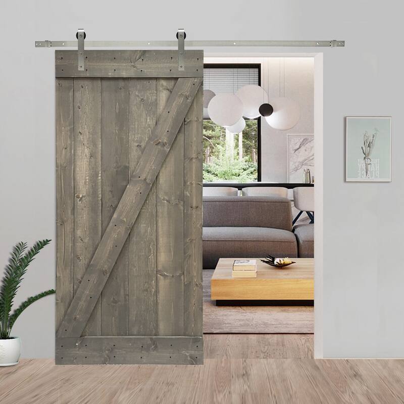 CALHOME Z Bar Series Solid Pine Wood Sliding Barn Door w/ Hardware Kit - Weather Gray - 30 x 84