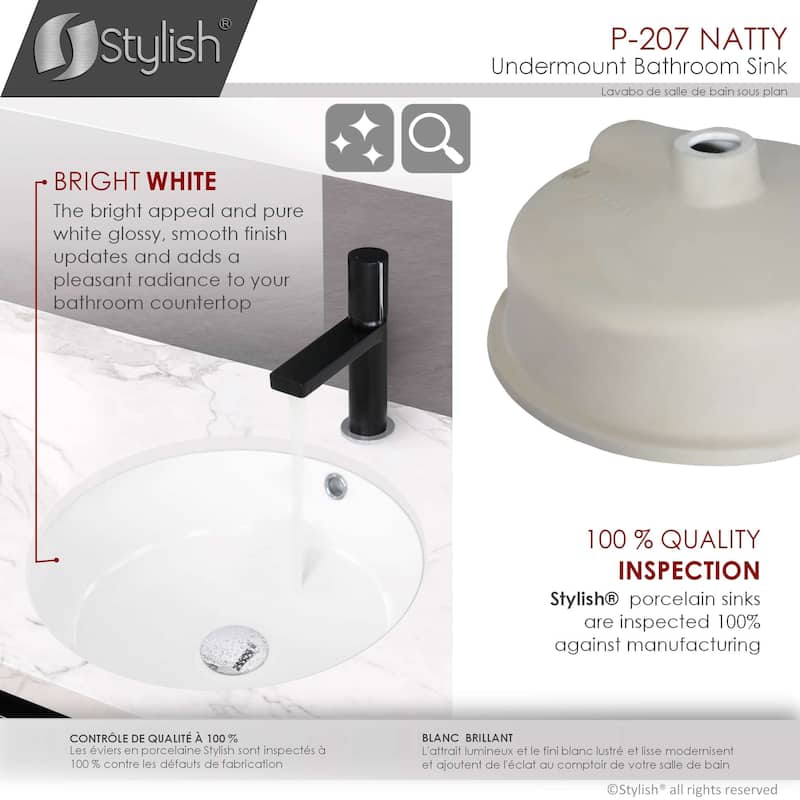 STYLISH 16 inches Round Undermount Ceramic Bathroom Sink with 2 Overflow Finishes - 16" x 16" x 7"