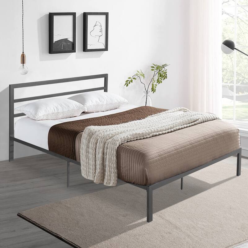 Queen Size Metal Platform Bed with Wood Headboard and Storage Space - Charcoal grey
