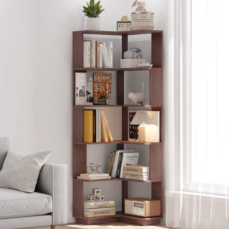 6 Tier Freestanding L-Shaped Corner Bookshelf For Living Room, Bedroom, Wooden Bookcase with anti tipping device - Ox Blood Red
