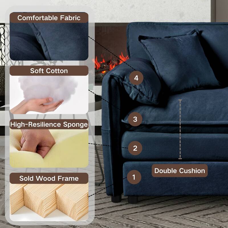 Modern Modular 3 Seat Sofa with Deep Dual Layer Cushions and Storage Pockets for Living Room and Guest Room