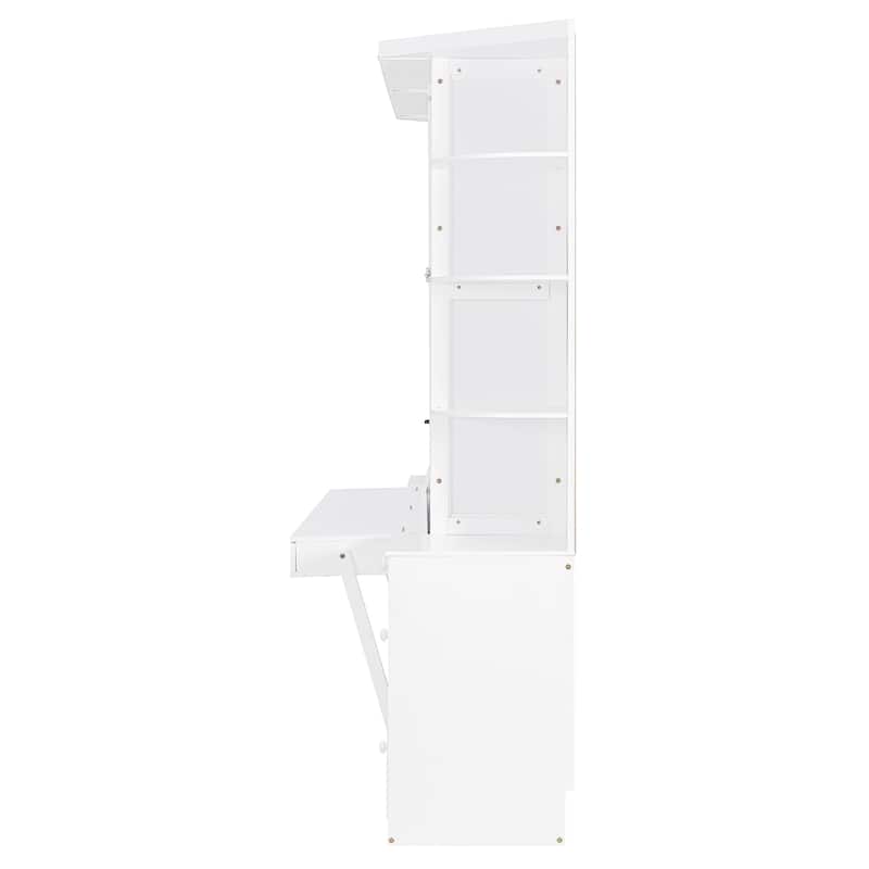 Queen Size Murphy Bed Wall Bed with Hidden Foldout Workstation, Side Open Shelves, Storage Cabinet and Drawers