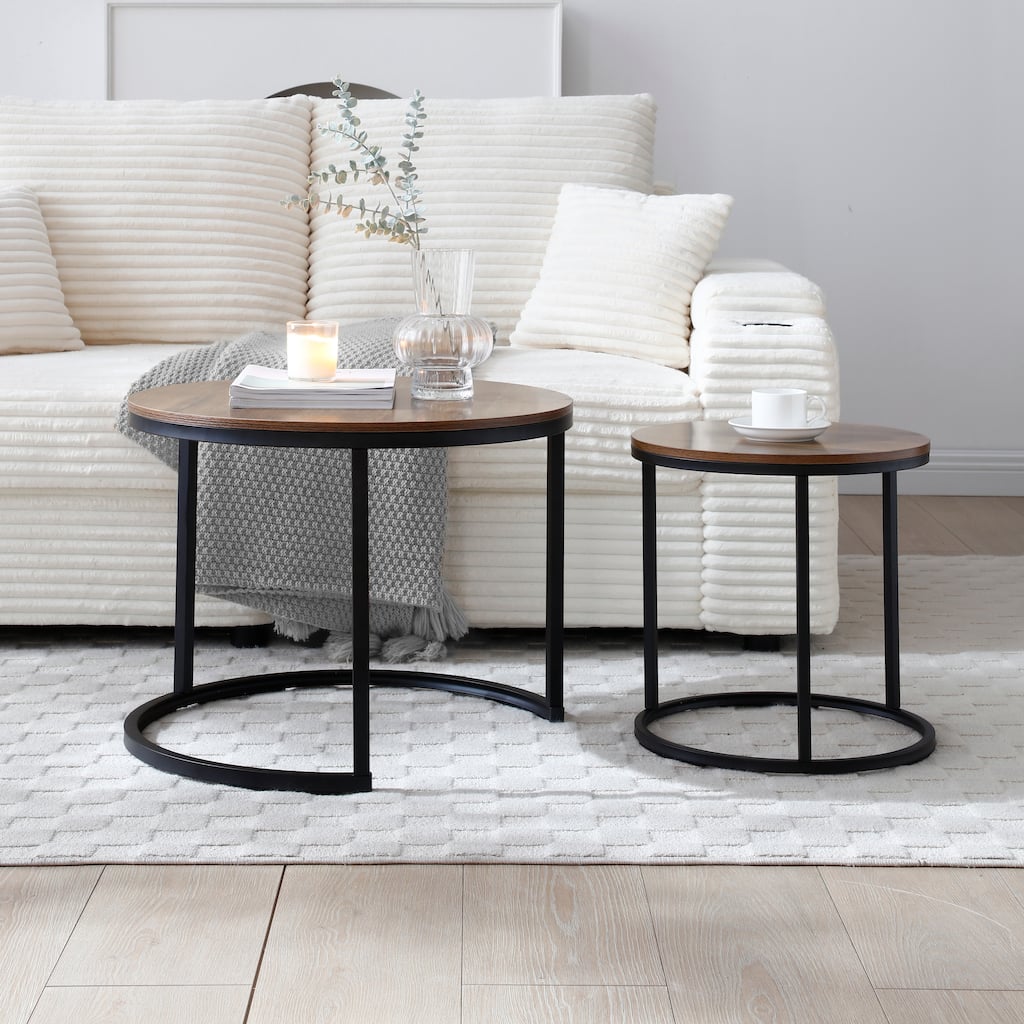 Modern Round Coffee Table with Wood Top and Sturdy Metal Frame (Set of 2)