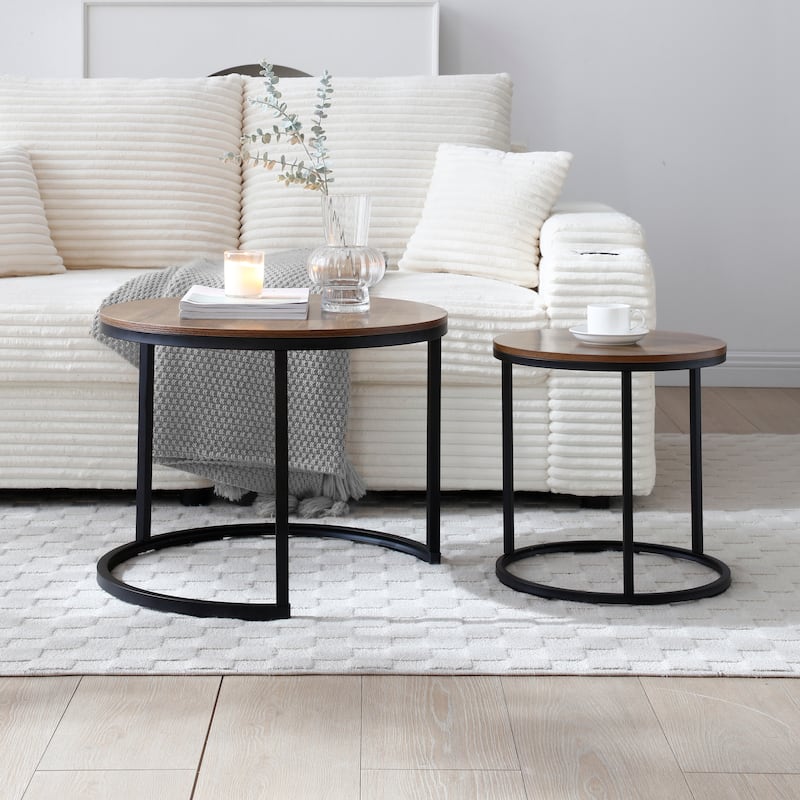 Versatile Nesting Coffee Table Set of 2 with Round Wooden Top and Metal Frame Base Modern Simple Side Table End Table Nightstand