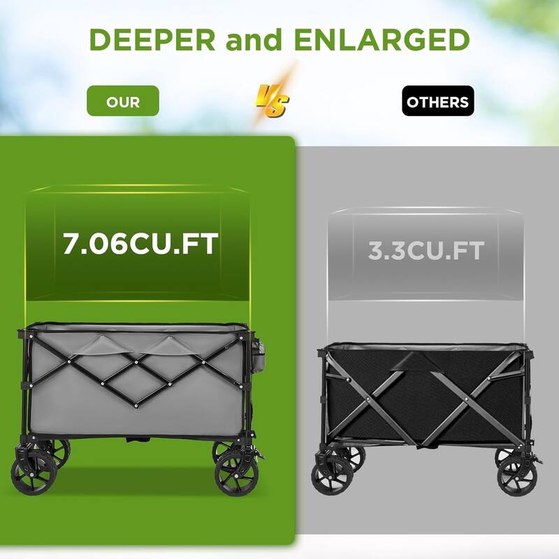 EROMMY Heavy Duty Folding Wagon Cart - All Terrain Collapsible Utility Wagon with Big Wheels, Brakes & Cup Holders for Camping