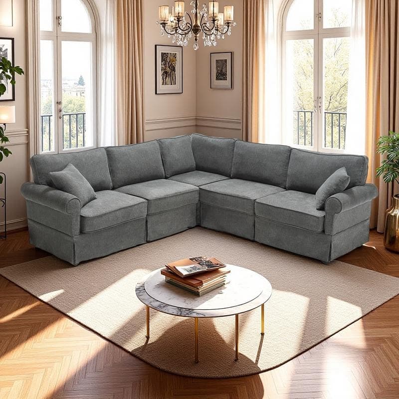 94" Linen L-Shaped 5-Seater Sectional Sofa with Reversible Design and Rolled Arms