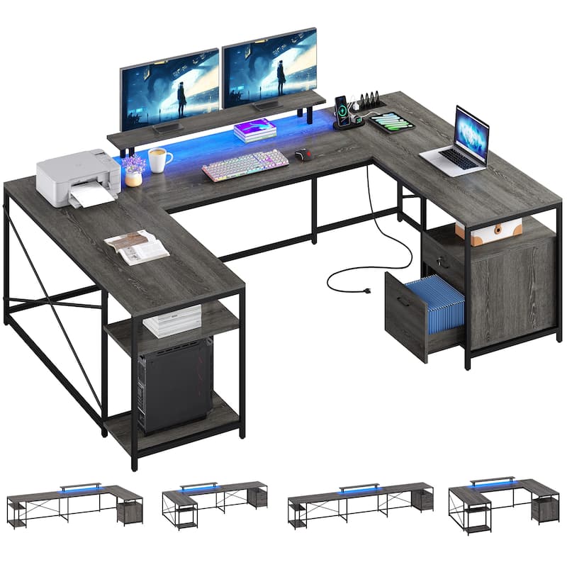 Moasis U-Shaped L-Shaped LED Computer Desk Reversible Corner Home Office Gaming Desk with Power Outlets - Grey