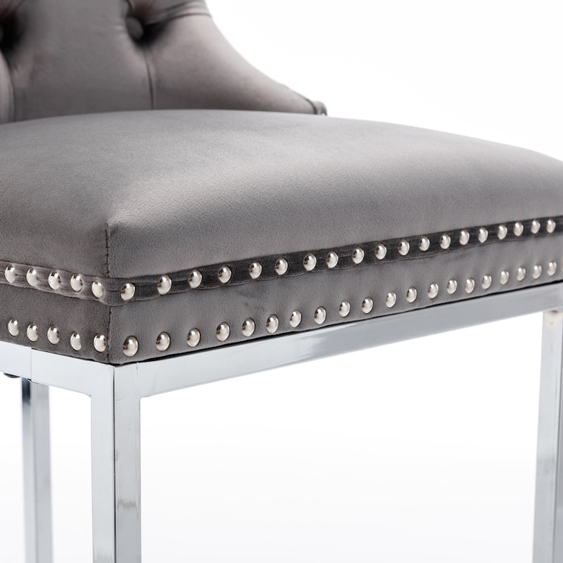 Counter Height Bar Stools Set of 2, Velvet Upholstered Accent Chairs with Button Back, Rivet Trim and Chromed Metal Base Legs