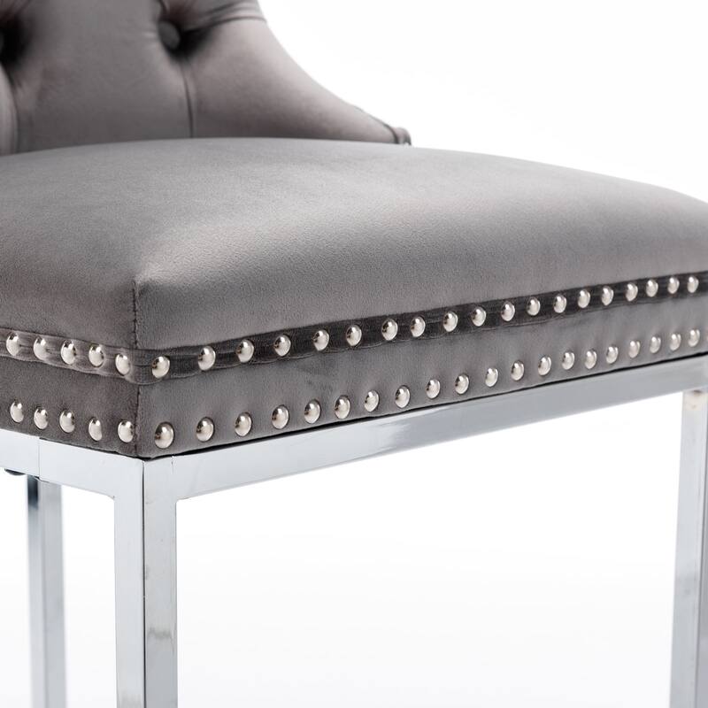 Gray Velvet Nailhead Trim Barstool Upholstered Dining Chair Set of 2