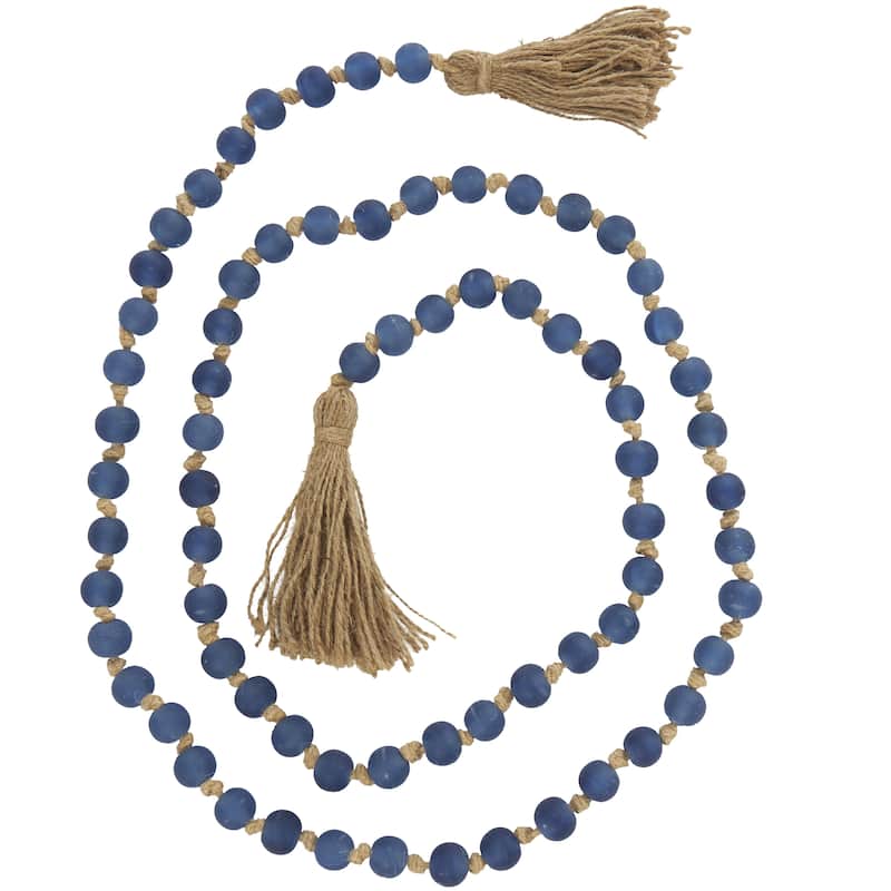 Glass Handmade Round Long Frosted Beaded Garland with Tassel with Knotted Brown Jute - Various Colors - Roche River Decor - Dark Blue - Matte Finish