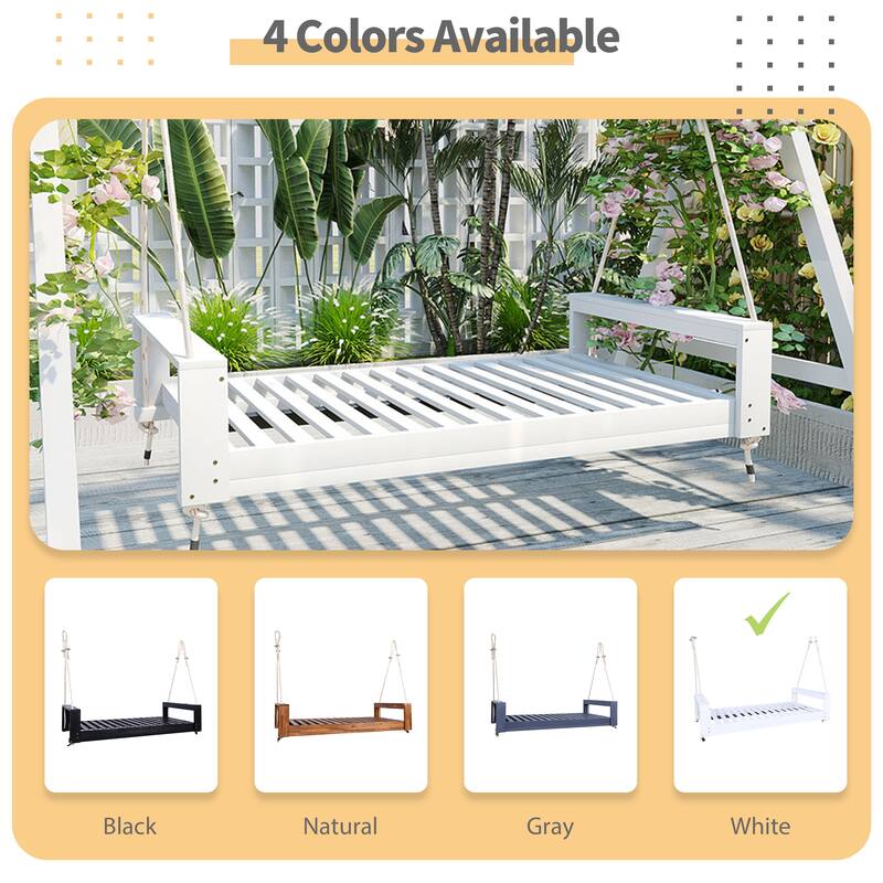 Twin Size Porch Swing Bed Seating Group, Patio Acacia Wood Swing Frame with Hemp Ropes for Garden, Backyard, White