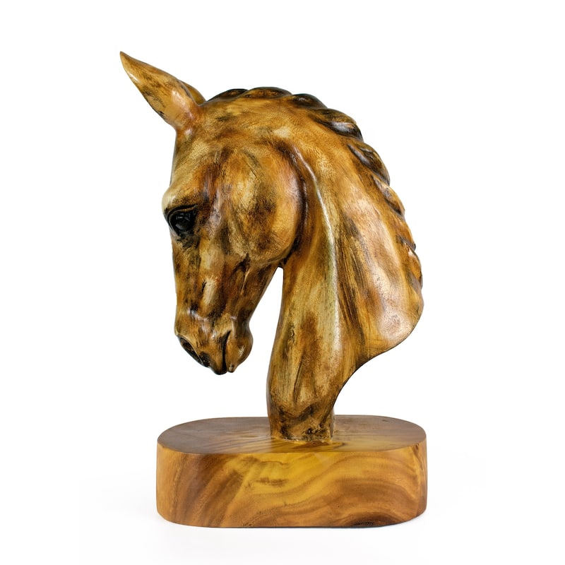 18" Solid Wood Hand Carved Horse Art Head Statue Sculpture Handcrafted Handmade Wooden Decorative Home Decor Accent Decoratio
