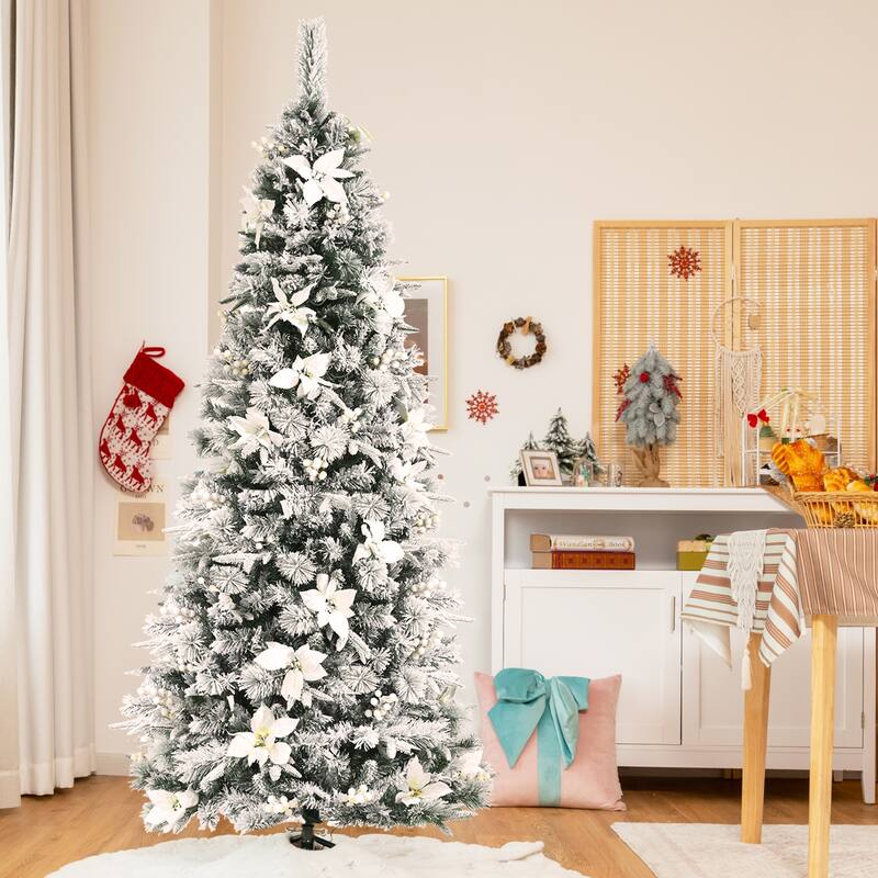 Gymax 5/6/7/8 FT Artificial Snow Flocked Pencil Christmas Tree w/