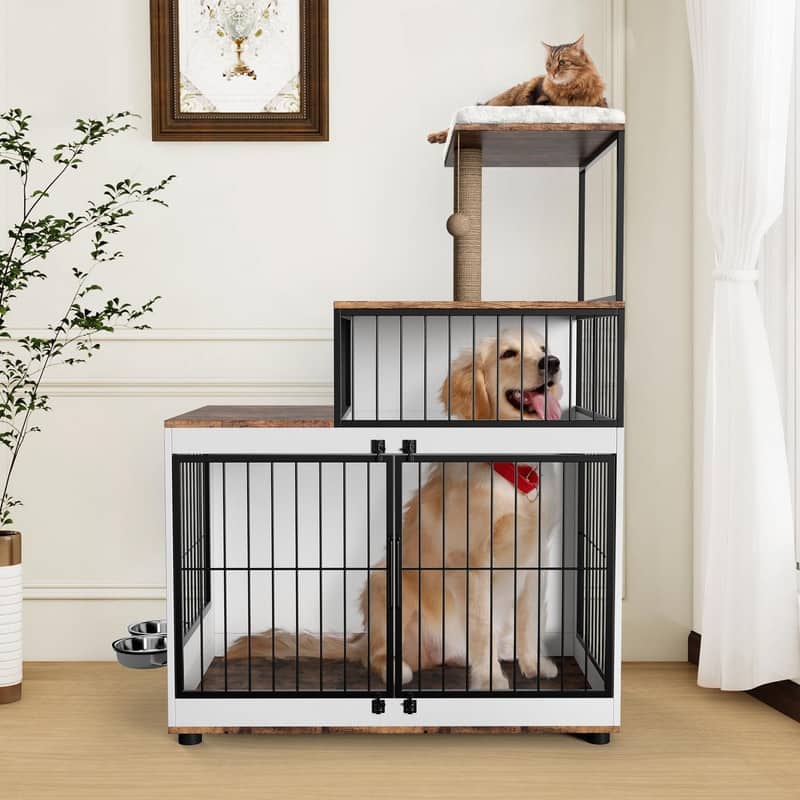 2-in-1 Dog Crate & Cat Tree - XL Wooden Pet Furniture w/Scratching Post & Bowls for Homes w/Both Dogs & Cats