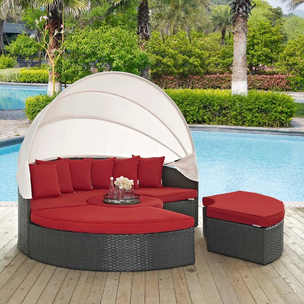Outdoor Patio Sunbrella Sectional Daybed With Canopy in Canvas Red