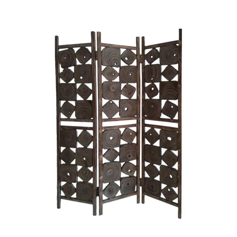 HomeRoots 71" Brown Solid Wood Folding Three Panel Screen Room Divider - 53' X '71' X '1