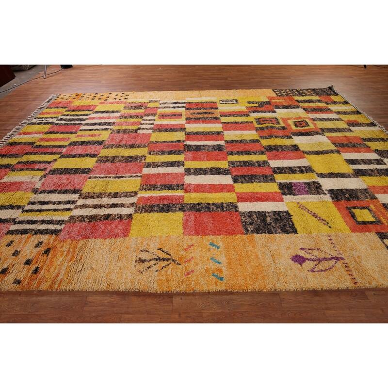 Plush Moroccan Oriental Area Rug Hand-Knotted Geometric Wool Carpet - 8'11" x 12'9"