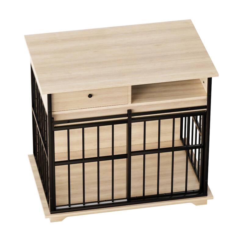 Dog Crate Furniture with Drawer & Sliding Door, Decorative Pet Kennel End Table for Medium Dogs, Wooden Dog Crate with Tray