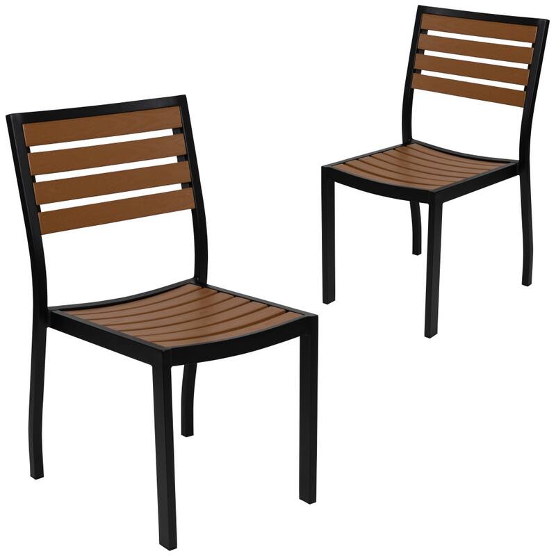 2 Pack Outdoor Faux Teak Side Chair with Poly Slats - Teak Patio Chair