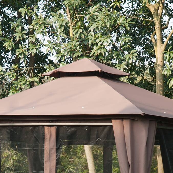 Outsunny 7' x 7' 2-Level Hexagon Outdoor Patio Gazebo Canopy Pavilion with Removable Mesh Curtains, Double Tiered Roof