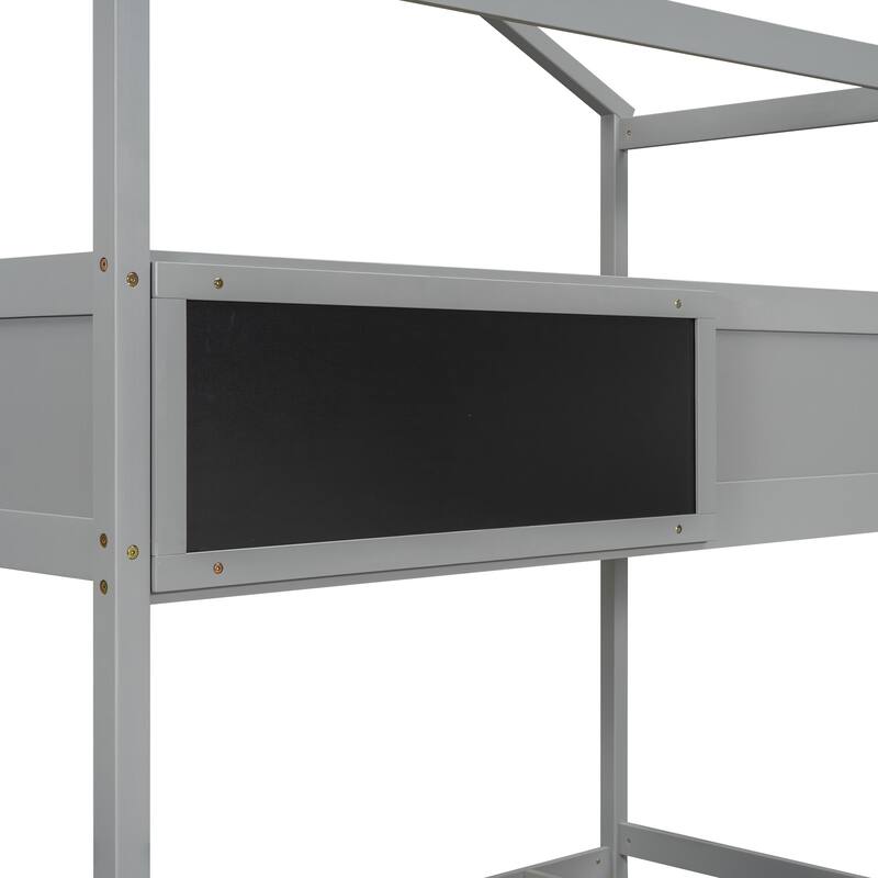 Twin Over Full House Bunk Bed with Built-in Storage and Blackboard - Durable Pine Wood Design