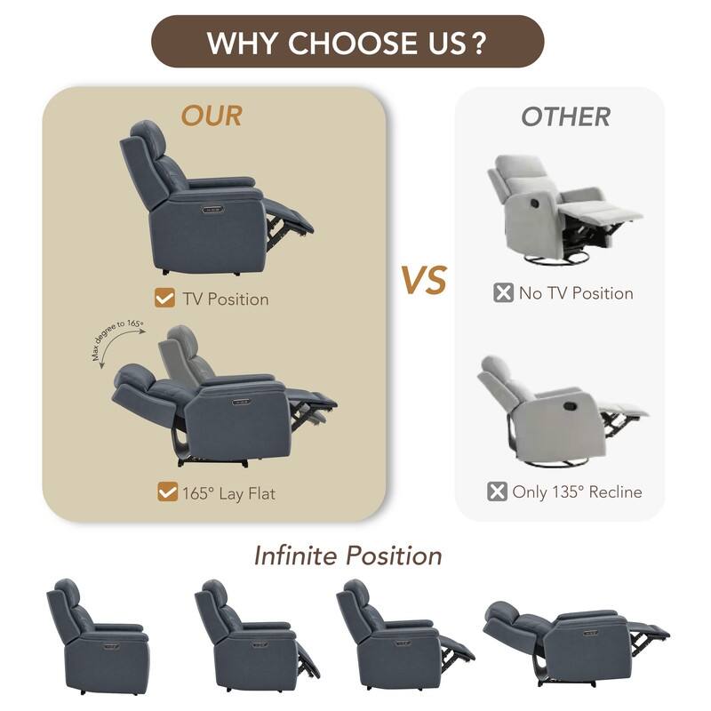 Spruce & Spring Dual Motors Genuine Leather Power Lay Flat Recliner with Power Headrest