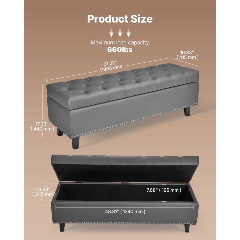 Modern PU Leather Storage Ottoman Bench with Spacious Hidden Storage and Comfortable Cushion - 51.37”L x 16.33”W x 17.33”H