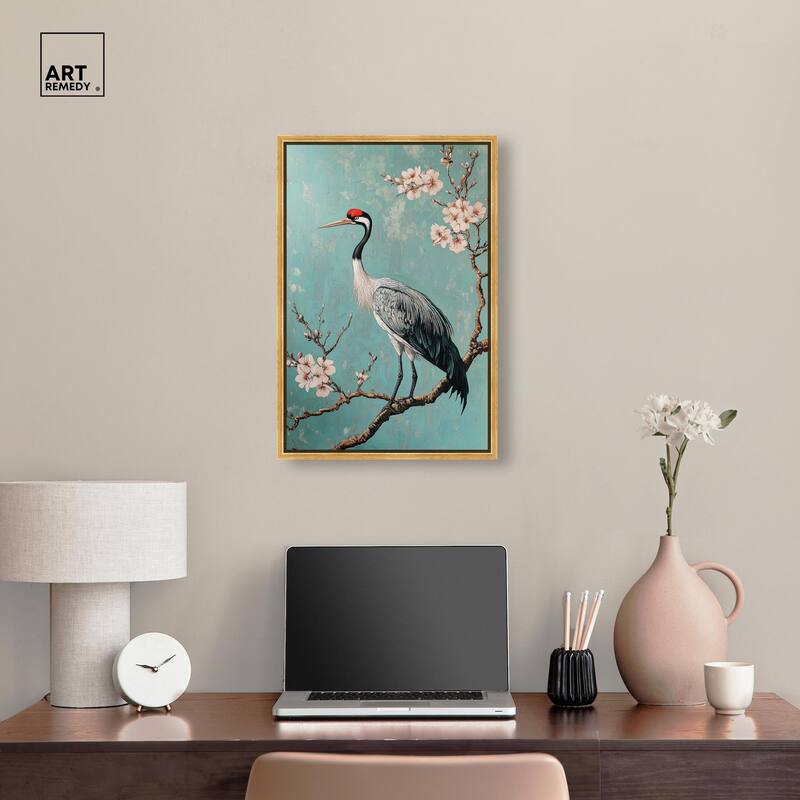 Crane in Blossom Canvas by Art Remedy