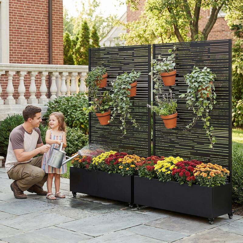 Metal Galvanized Planter Box with Trellis Privacy Screen Lockable Wheels Set of 2