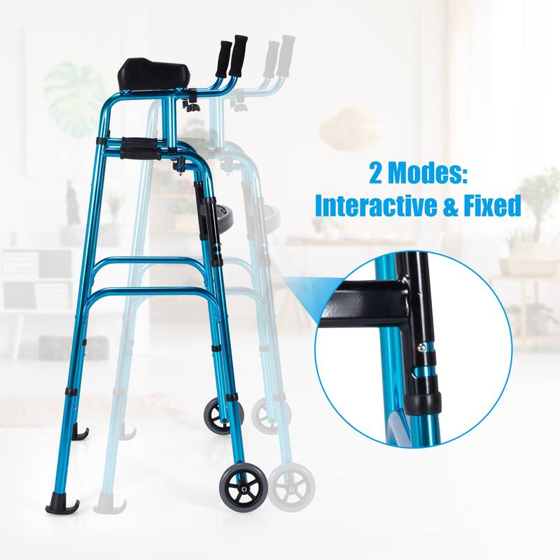 Costway Folding Wheel Walking Frame Adjustable Alloy Walker W/Armrest - See Details
