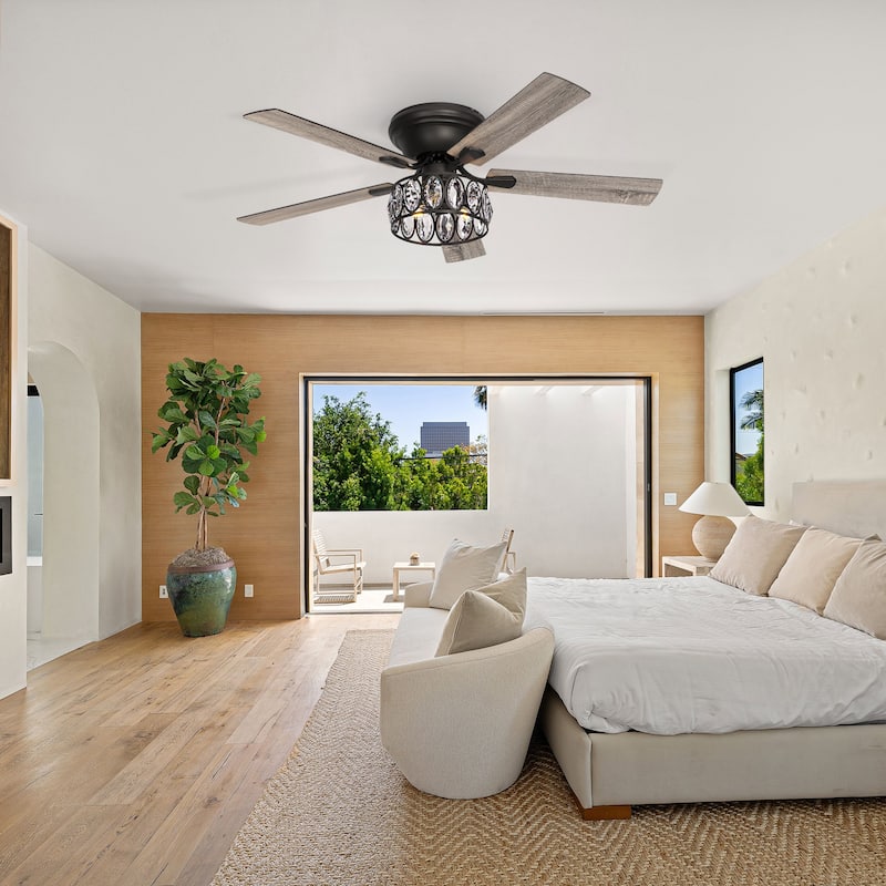 52" Flush Mount 5-Blade Modern Crystal Indoor Ceiling Fan with Light Kit and Remote