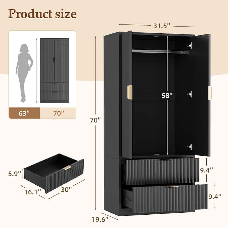 Pocassy 70" H Wardrobe Closet with 2 Doors and 2 Drawers for Bedroom